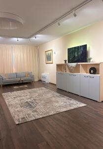 ein Wohnzimmer mit einer Couch und einem Teppich in der Unterkunft Zlati`s house 2 in Sofia