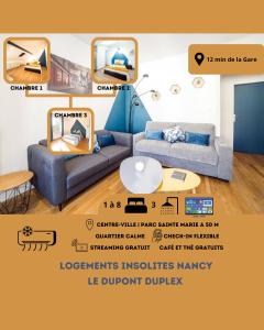 Cartel de una sala de estar con sofá y mesa en Le Grand Dupont du Parc Ste-Marie - Logements Insolites, en Nancy