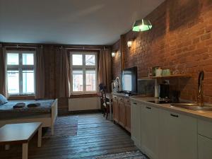 een keuken met een spoelbak en een aanrechtblad bij Stare Miasto in Olsztyn