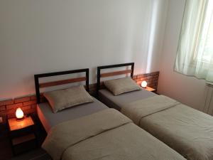 two twin beds in a room with two lamps at Sava apartment in Novi Sad