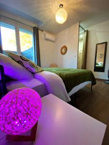 a bedroom with a bed and a pink lamp on a table at Appart Cosy I Centre-ville in Istres