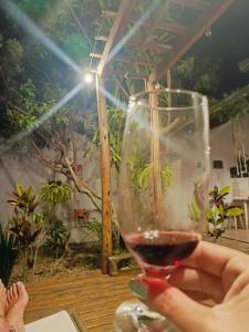 a person holding a glass of red wine at Happy GUEST House Beto Carrero in Navegantes