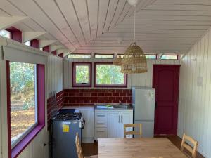 QuiñicabeにあるNaturaVista Cabins Matanza 13kmのキッチン(テーブル、冷蔵庫、シャンデリア付)