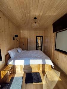 a bedroom with a bed and a flat screen tv at Pensiunea Novac in Durău
