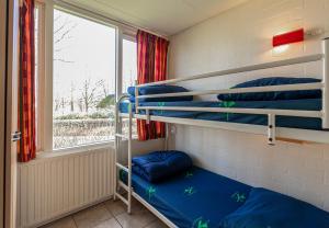 a dorm room with bunk beds and a window at Bungalowpark Simpelveld - Delta 120 in Simpelveld