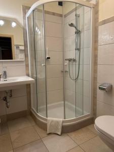 un bagno con doccia, WC e lavandino di Bio-Hotel Schiessentobel a Seeham