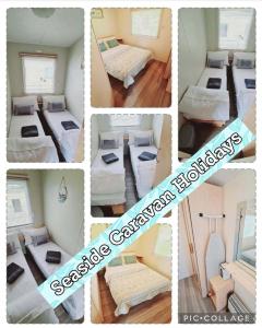 a collage of four pictures of a room with beds at 6 Guests - 3 Bedrooms - Entertainment - Near Beach in Sheerness