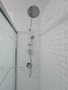 a shower with a shower head in a bathroom at The Wilderness, Near CP & SF, W&D, Pet OK in Sandusky