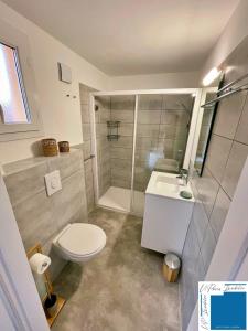 a bathroom with a toilet and a shower and a sink at Mini villa - Piscine - Climatisation - wifi - 2km plage in Porto-Vecchio