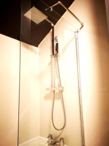 a shower with a shower head in a bathroom at Romantic coastal getaway with hot tub & log burner in Tywyn +24 photos