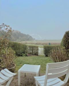 two white chairs and a table in a yard at Maison Opaline in Le Touquet-Paris-Plage +2 photos