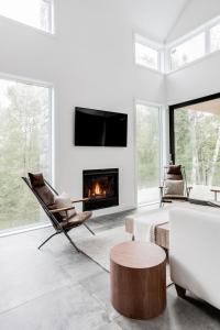 Una sala de estar con un sofá y una chimenea. en Allen Falls, Chalet luxueux avec spa, en Morin-Heights