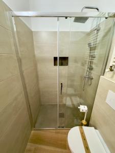 a bathroom with a shower with a toilet and a sink at La Stella del Viandante in Pietrapertosa +41 photos