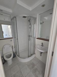 a bathroom with a shower and a toilet and a sink at En-suite room LGBTQ friendly in London