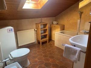 Un baño con inodoro, lavabo y bañera. en Ferienwohnung Münnerstadt, en Münnerstadt 20 fotos más