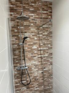 a shower in a bathroom with a brick wall at Coeur de ville in Périgueux