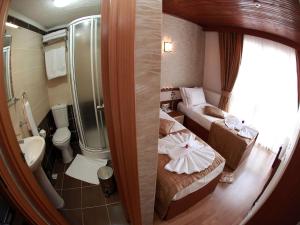 two pictures of a bathroom with a shower and a bedroom at Arife Sultan Hotel in Istanbul