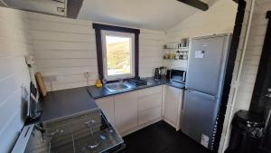 a small kitchen with a sink and a refrigerator at Hillside Hideaway in Doonalt