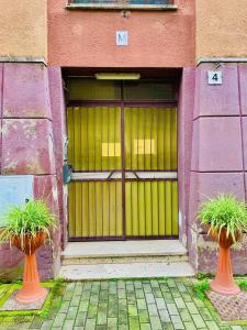 a garage door with two potted plants in front of it at Rome to You- Easy way Apartment in Rome