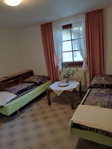 a room with two beds and a table and a window at Gastarbeiter , Monteur, Wohnungen in Bad Alexandersbad