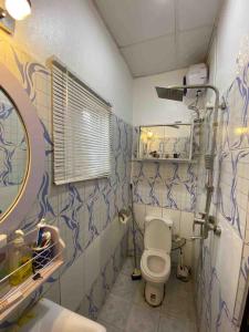 a bathroom with a toilet and blue and white tiled walls at A cozy 1 bed apartment for rent in Suncity Estate in Galadima +21 photos