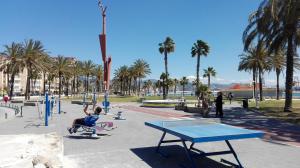 a man sitting on a bench in a park with palm trees at Hotel Solymar in Málaga