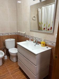 a bathroom with a sink and a toilet and a mirror at Casa Rosa in Trevélez +22 photos