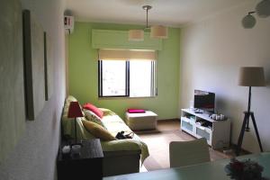 a green living room with a couch and a television at Brigida's Flat in Faro