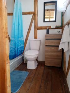 a small bathroom with a toilet and a shower at The Bonito Place in Taganga