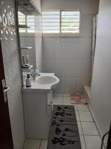 a white bathroom with a sink and a mirror at Maison spacieuse à Petit-Bourg avec jardin in Petit-Bourg