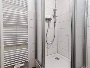 a shower with a glass door in a bathroom at Hogulu - klein und fein in der Altstadt, Appartement 10 in Brandenburg an der Havel