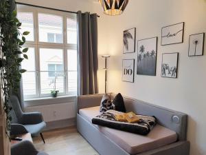 a living room with a couch and a window at Hogulu - klein und fein in der Altstadt, Appartement 10 in Brandenburg an der Havel