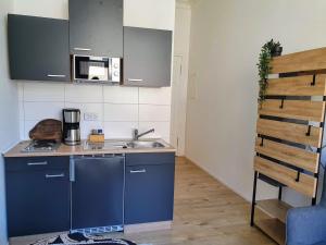a small kitchen with a sink and a microwave at Hogulu - klein und fein in der Altstadt, Appartement 10 in Brandenburg an der Havel