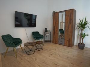 een kamer met 2 groene stoelen en een spiegel bij Hogulu - STILVOLL UND ZENTRAL - 3-RAUM Appartement 1 in Brandenburg an der Havel