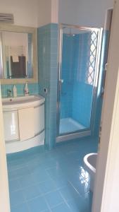 a blue bathroom with a shower and a sink at Villa Domus Roma in Rome
