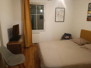 カルカソンヌにあるChambre d'hôtes petit déjeuner comprisのベッドルーム(ベッド1台、テレビ、椅子付)