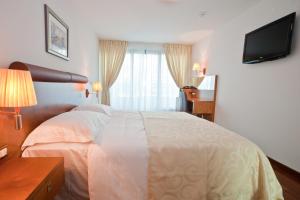 1 dormitorio con 1 cama y TV en la pared en Hotel Croatia en Zagreb