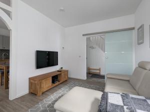 ein Wohnzimmer mit Couch und Flachbildfernseher in der Unterkunft Mendiger Basalthaus in Mendig