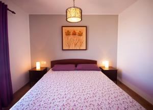 a bedroom with a bed with purple pillows and two lights at Casa Claudia in Teguise