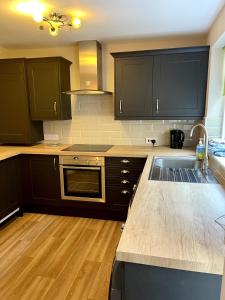 a kitchen with black cabinets and a sink at Stylish Garden Apartment in Central Cheltenham in Cheltenham