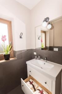 a bathroom with a white sink and a mirror at Lavanda e Rosmarino in Miasino