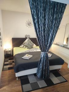 a bedroom with a bed with a curtain at Apartment in der Rattenfängerstadt Hameln in Hameln