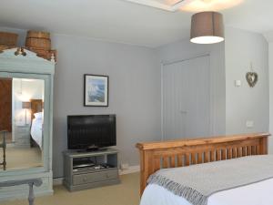 a bedroom with a bed and a tv and a mirror at Pottery Cottage in Broadway +2 photos