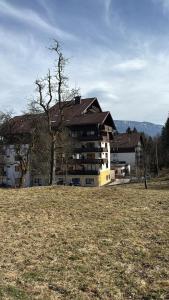 a large building with a tree in a field at Apartment Helena in Bad Goisern