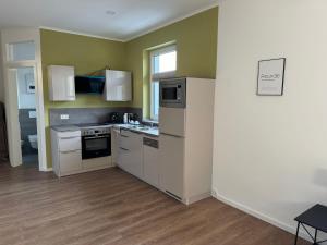 a kitchen with white appliances and green walls at Chalet Mühlenhof in Hessisch Oldendorf