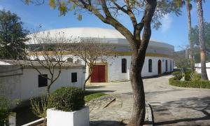 a white building with a red door and a tree at El Retoño in El Bosque