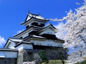 un castillo japonés con árboles akura delante de él en Smile Hotel Shirakawa - Vacation STAY 54752v, en Nishigo