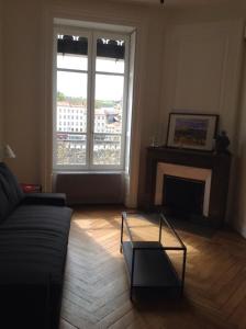 a living room with a couch and a fireplace at Cocon au pied de la Croix Rousse in Lyon