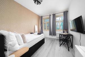 een slaapkamer met een groot bed en een televisie bij Cozy studio near city in Praag