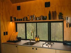 a kitchen with a sink and a large window at Secluded Off-Grid Cabin in the Hunter Valley - Leo in Pokolbin